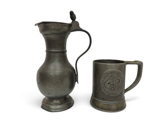 Vintage Swiss Sigg Frauenfeld Inscribed Pewter Pitcher & West Virginia Stein Set
