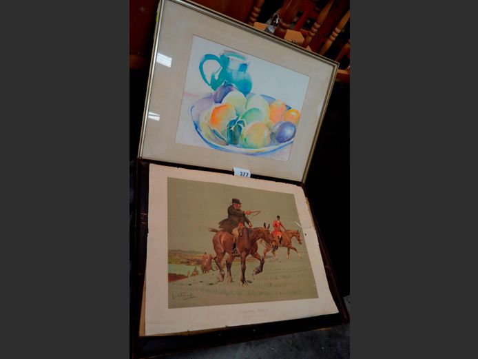 FRAMED WATERCOLOUR "FRUIT" & A HUNTING PRINT, 47 x 33.5cm & 50 x 39cm [Damaged]