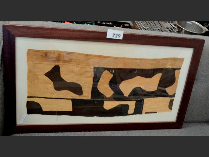 FRAMED KUBA CLOTH UNDER GLASS, 89 x 50cm