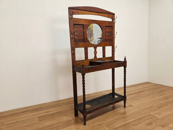 Antique Edwardian Inlaid Oak Hall Stand with Bevelled Mirror & Glove Box (c. 1900–1910)