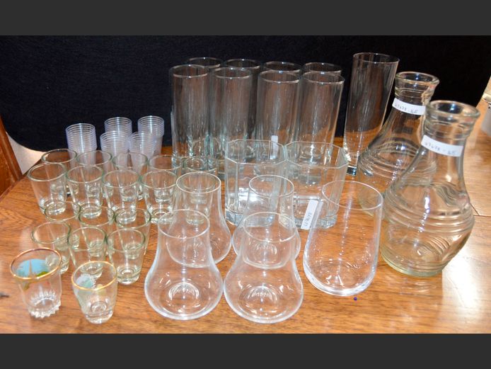 ASSORTED DRINKING GLASSES, CARAFES, etc