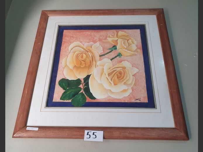 FRAMED WATERCOLOUR ON FABRIC "ROSES" SIGNED LEONIE, 45 x 45cm