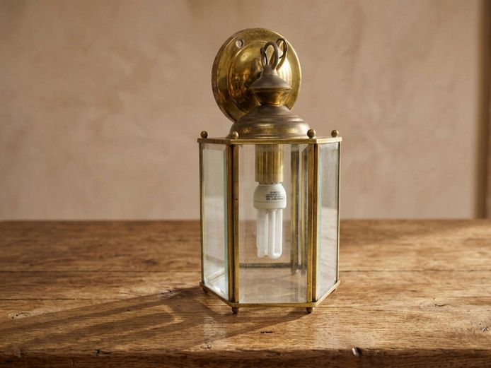Vintage Hexagonal Brass and Glass Wall Sconce Lantern