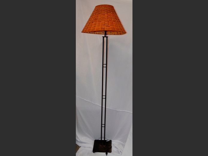 WROUGHT IRON STANDING LAMP WITH WICKER SHADE, 180cm High