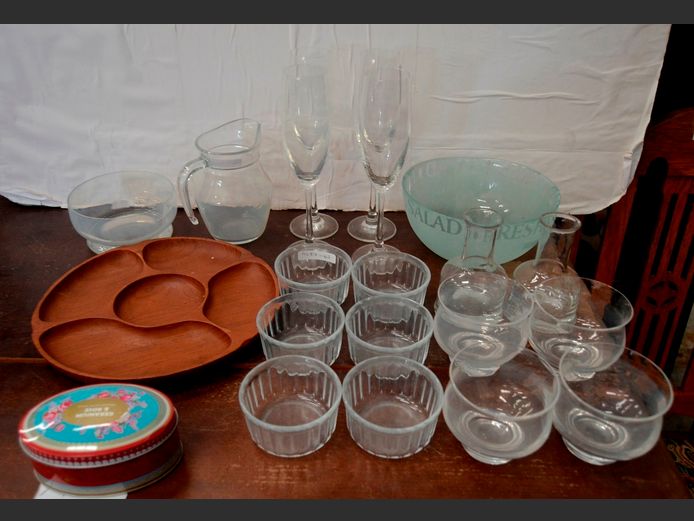 CHAMPAGNE FLUTES, GLASS BOWLS, RAMEKINS, etc
