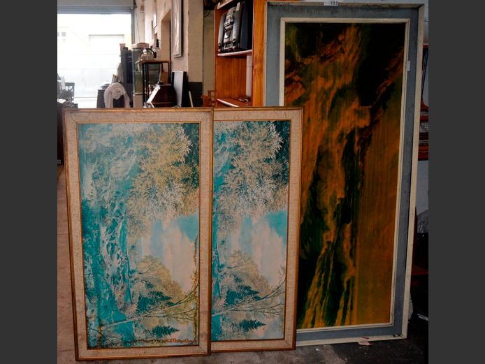 FRAMED OLEOGRAPH "MOUNTAINS" & 2 x FRAMED PRINTS "TREES", 151 x 60cm & 110 x 54cm