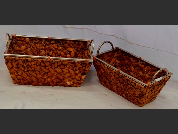 SET OF 2 STAINLESS STEEL & WOVEN SEAGRASS BASKETS, 42 x 27 x 18cm & 36 x 20 x 16cm