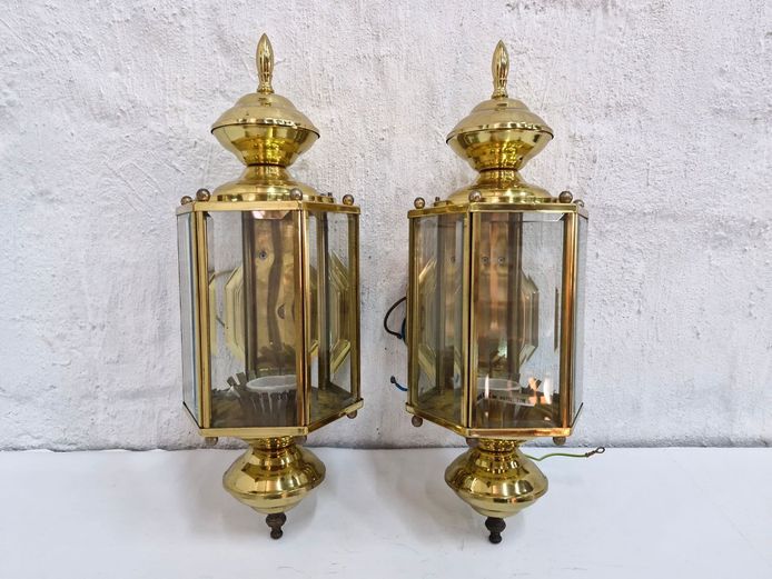 Pair of Vintage Polished Brass and Glass Hexagonal Wall Lanterns