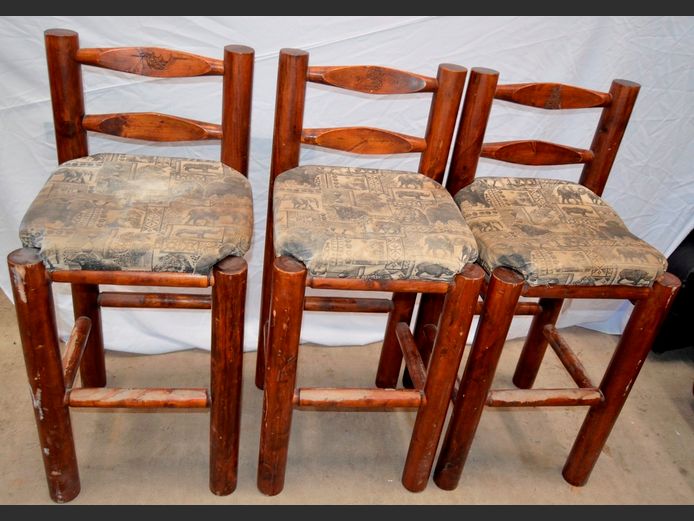SET OF 3 LOG CABIN STYLE BAR CHAIRS, 75cm High [Needs re-staining]