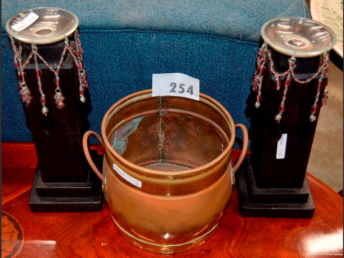 VINTAGE BRASS POT, 18cm Diameter x 16.5cm High, & PAIR CANDLE STANDS, 29cm High [4,5]