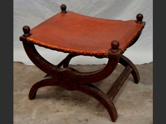 SAVONAROLA STYLE LEATHER TOP FOOTSTOOL, 58 x 50 x 46cm