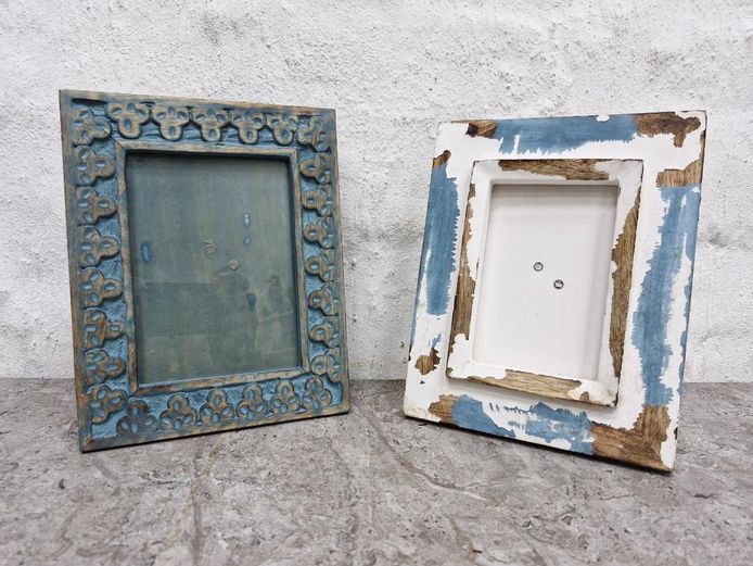 Pair of Distressed Carved Wooden Self Standing Photo Frames