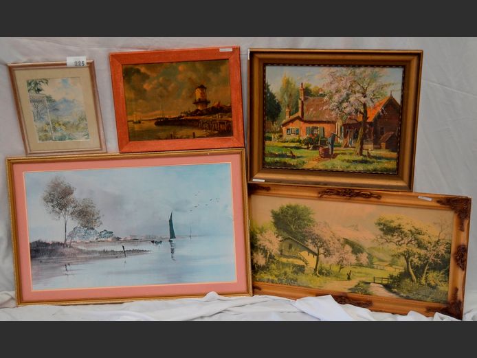 FRAMED OIL ON CANVAS "COTTAGE" & VARIOUS FRAMED PRINTS