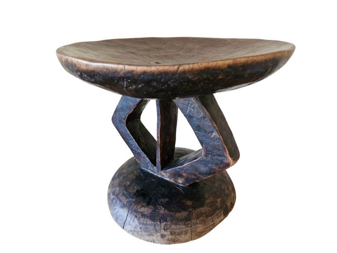 Zimbabwean Wooden Tonga Stool with Rhombus Struts