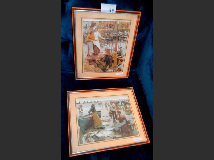 SET OF 2 FRAMED PRINTS BY STANHOPE A. FORBES: A FISH SALE ON A CORNISH BEACH & THE OLD PIER, 29.5 x 23.5cm & 29 x 23.5cm