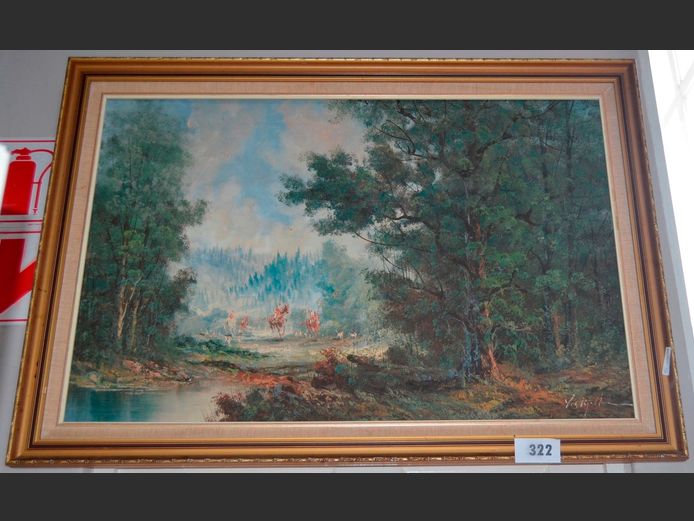 GILT FRAMED & SIGNED OIL ON CANVAS "HUNTING SCENE", 90.5cm x 60.5cm