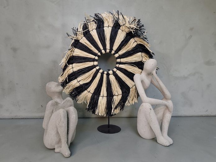 Abstract Figural Sculptures & Woven Raffia Disk on Stand
