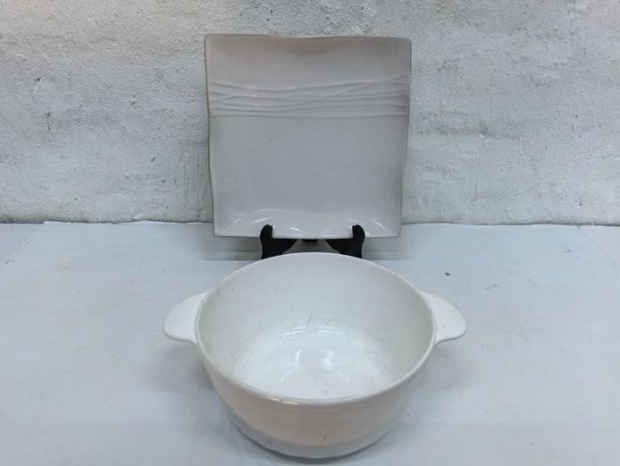 Modern White Ceramic Square Platter and Double-Handled Serving Bowl