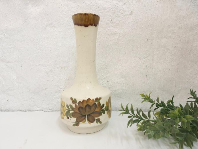 Vintage Ceramic Vase with Brown Floral Pattern