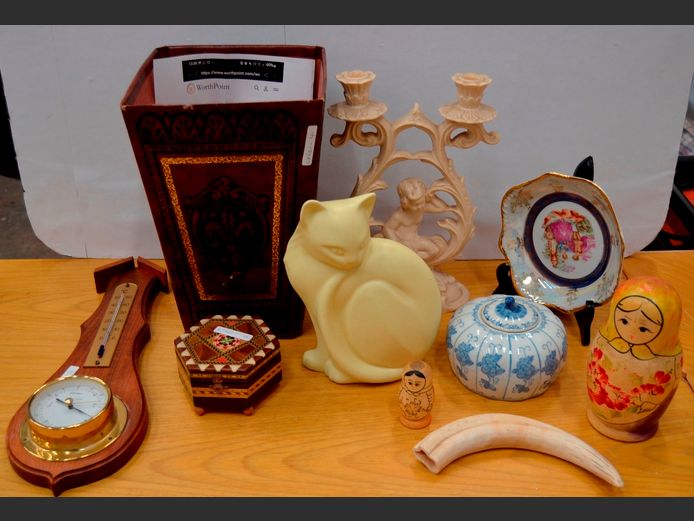 VINTAGE ITALIAN FLORENTINE LEATHER WASTE PAPER BIN, BAROMETER, CERAMIC CAT FIGURINE, CHERUB CANDELABRA, etc