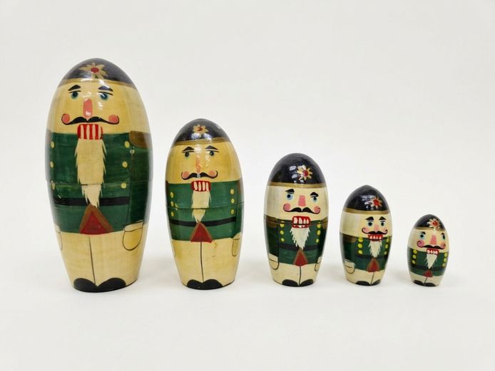 Vintage Hand-Painted Wooden Nutcracker Matryoshka Nesting Doll Set (5-Piece)