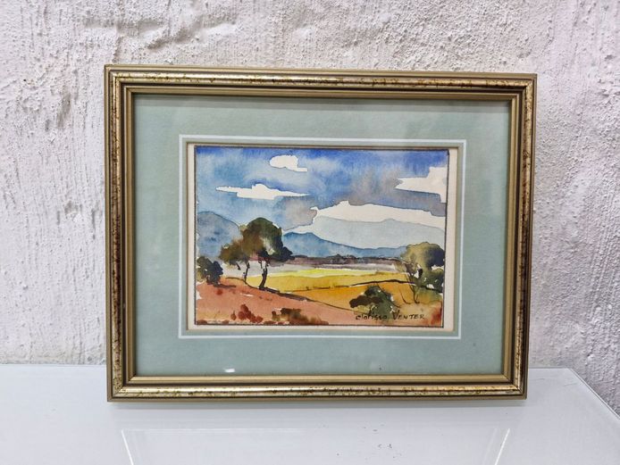 Clarissa Venter (South African, 20th/21st Century), Extensive Veld Landscape with Mountains, Framed Watercolour