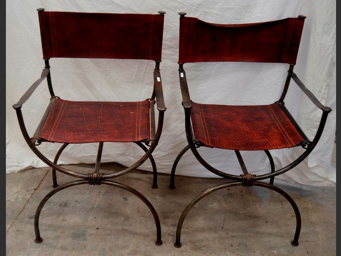 PAIR WROUGHT IRON & LEATHER ARMCHAIRS