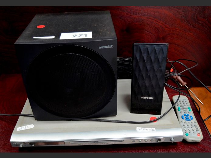 MICROLAP SUBWOOFER, PAIR SMALL SPEAKERS & A DVD PLAYER [Switch on, untested further]