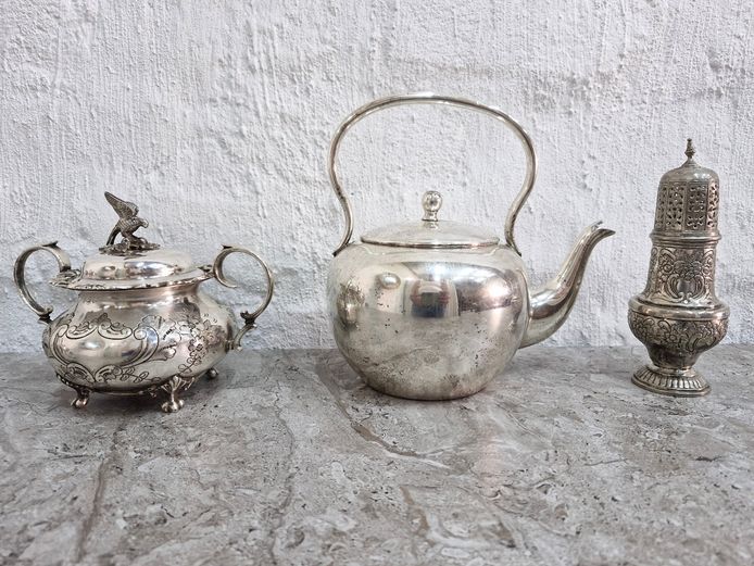 Victorian Era Sugar Bowl, Sugar Caster & Silverplated Kettle