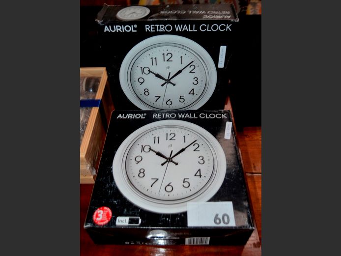 PAIR AURIOL "RETRO" WALL CLOCKS, 23cm Diameter