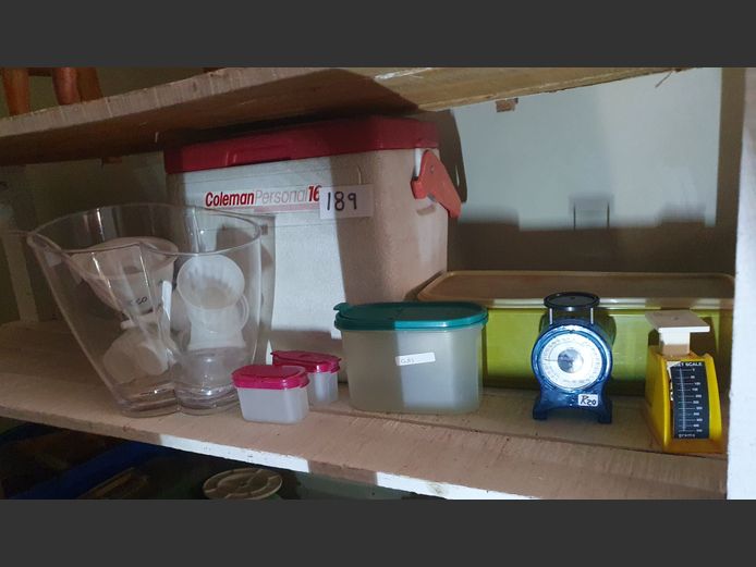 LOT: COLEMAN COOLER BOX, KITCHEN SCALES, etc