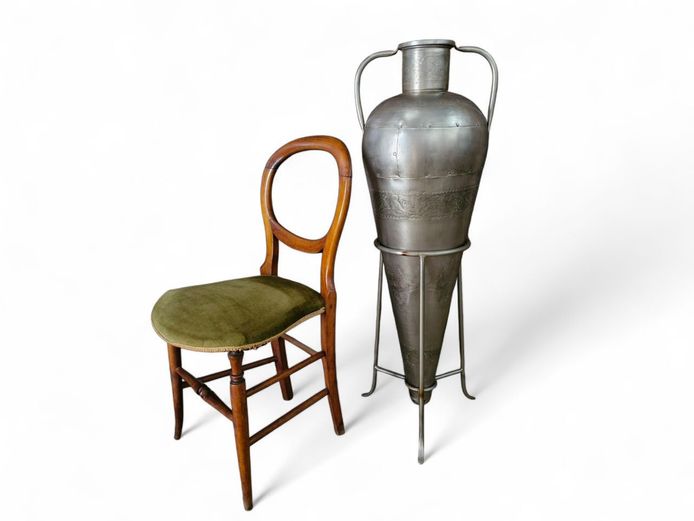 Large Metal Amphora on Stand with Etched Design