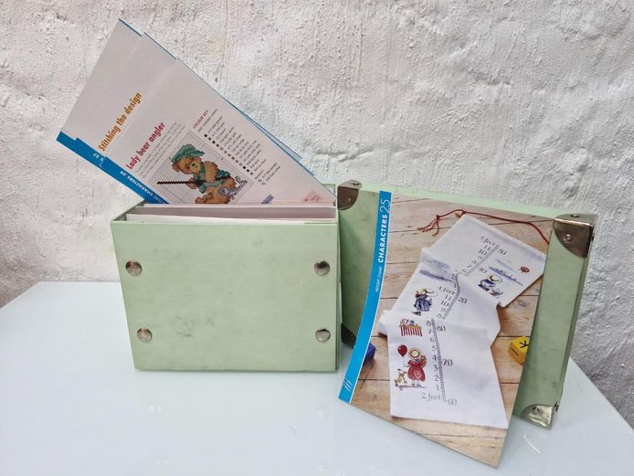 Vintage Cross Stitch Craft Storage Boxes with Patterns and Height Chart Inserts