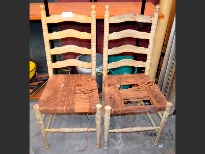 PAIR CREAM PAINTED DINING CHAIRS WITH ROPE SEATS [In need of restoration]