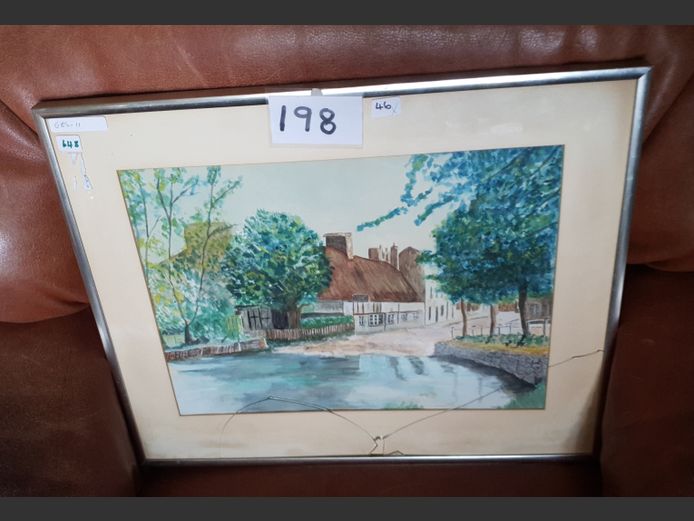 FRAMED WATERCOLOUR "FARM HOUSE" [Glass cracked]