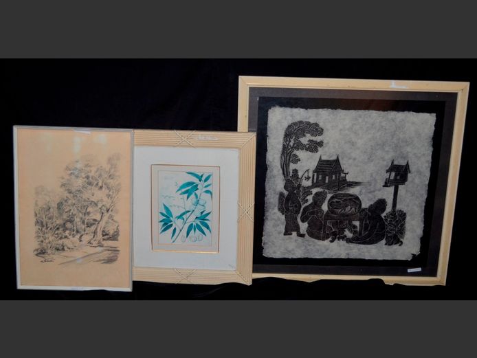 FRAMED CHINESE CHARCOAL ON HAND MADE PAPER, 54 x 52cm, FRAMED SKETCH OF TREES, etc