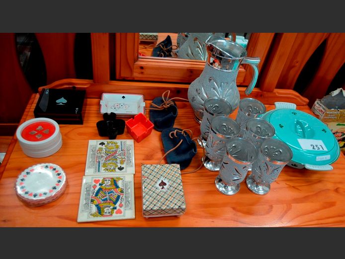 VINTAGE CAST IRON SERVING DISH WITH LID [Crack to lid], PITCHER WITH MATCHING GLASSES [1 glass damaged], etc