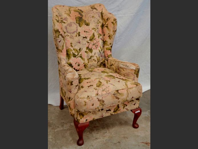FLORAL UPHOLSTERED WINGBACK ARMCHAIR [Needs re-covering]