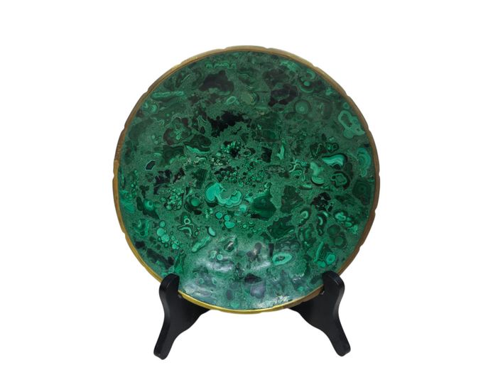 Vintage Polished Malachite Inlay Decorative Shallow Bowl / Vide-Poche