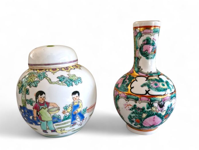 Vintage Chinese Hand-Painted Vase & Ginger Jar