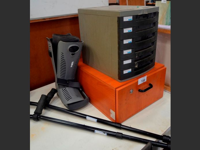 CHERRY FOIL DRAWER, BUDDI FILER, CRUTCHES & MOON BOOT