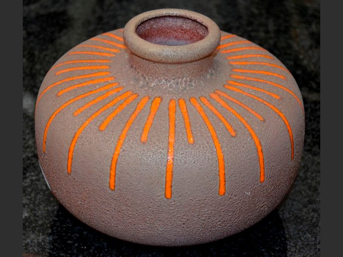 BROWN & ORANGE CERAMIC VASE, 20cm Diameter x 15cm High