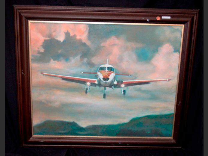 DARKWOOD FRAMED MIXED MEDIA ON BOARD "FINAL APPROACH", 83.5 x 66.5cm