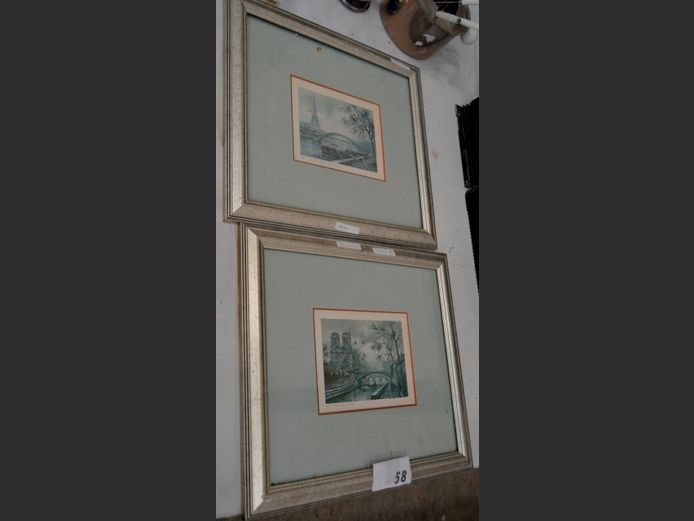 PAIR SILVER GILT FRAMED PARIS PRINTS: EIFFEL TOWER & NOTRE DAME, 15.5 x 12cm
