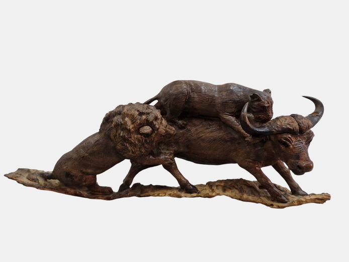 Hand-Carved African Ironwood Sculpture: Lions Hunting Cape Buffalo