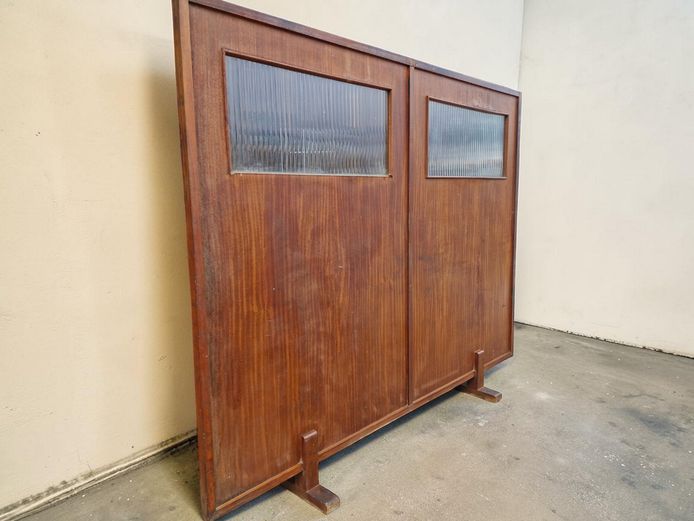 Mid-Century Wooden Room Divider with Reeded Glass Inserts