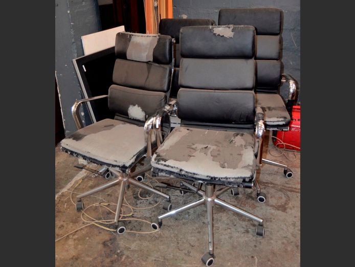 SET OF 4 CHROME & LEATHER TOUCH SWIVEL OFFICE CHAIRS [Need re-covering]