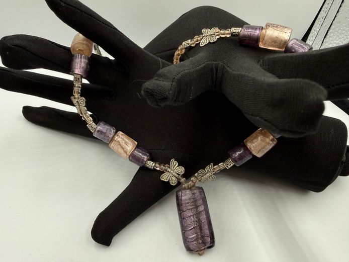 Decorative Purple Glass Bead Necklace with Butterfly Accents