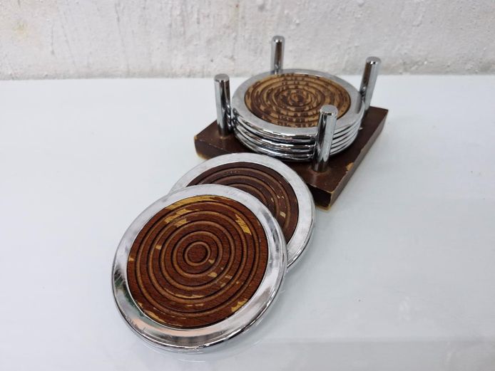 Set of 5 Chrome and Wood Coasters with Caddy Holder