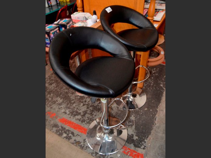 PAIR BLACK LEATHER TOUCH & CHROME GAS LIFT BAR CHAIRS